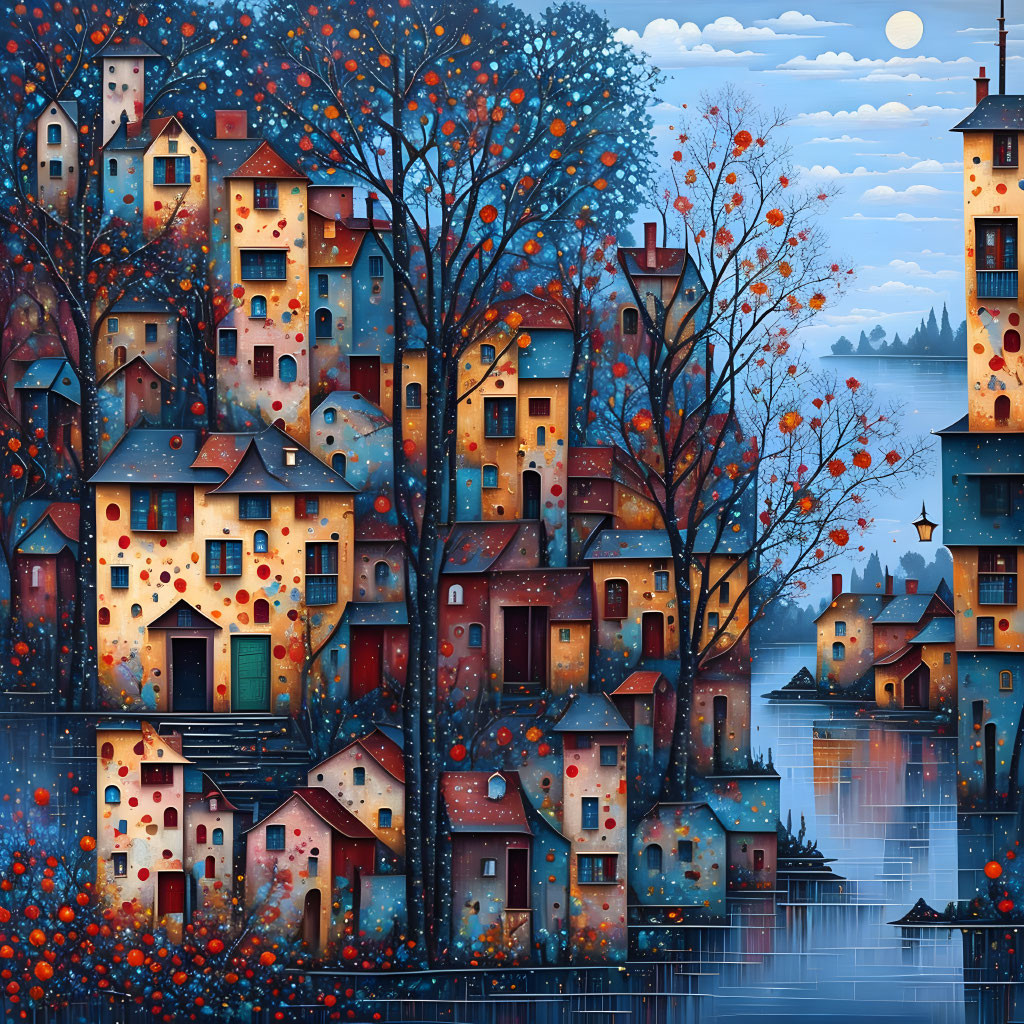 Colorful Village Painting with Red Foliage and Twilight Sky