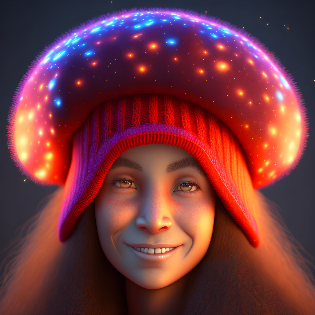 Smiling person with freckles in red cosmos-themed knit cap