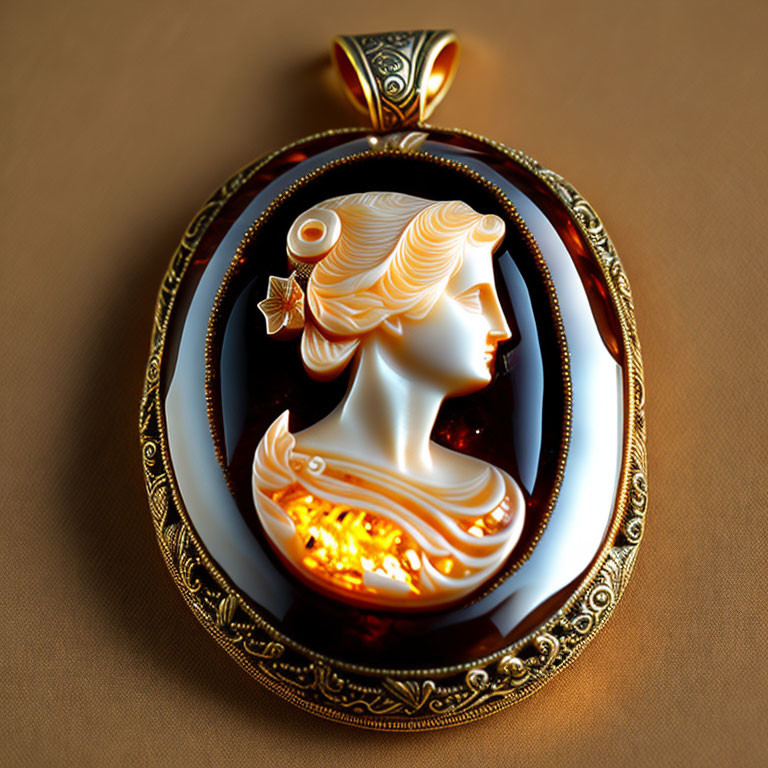 Classical profile cameo pendant with golden accents on brown background in ornate gold frame