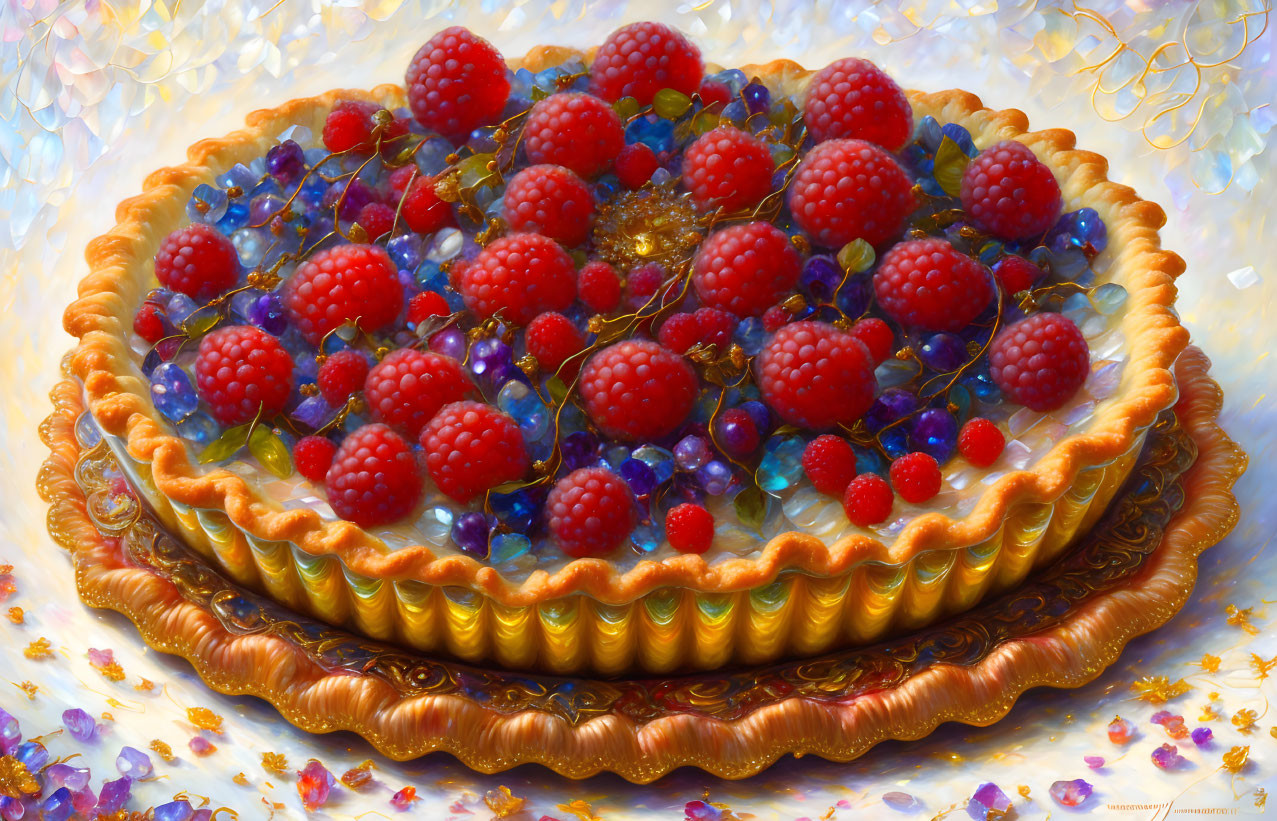 Colorful painting of a berry tart with gold leaf details