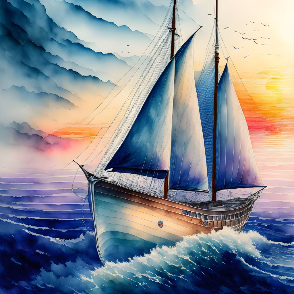 Blue sailboat navigating choppy seas at sunset with cloudy sky and birds
