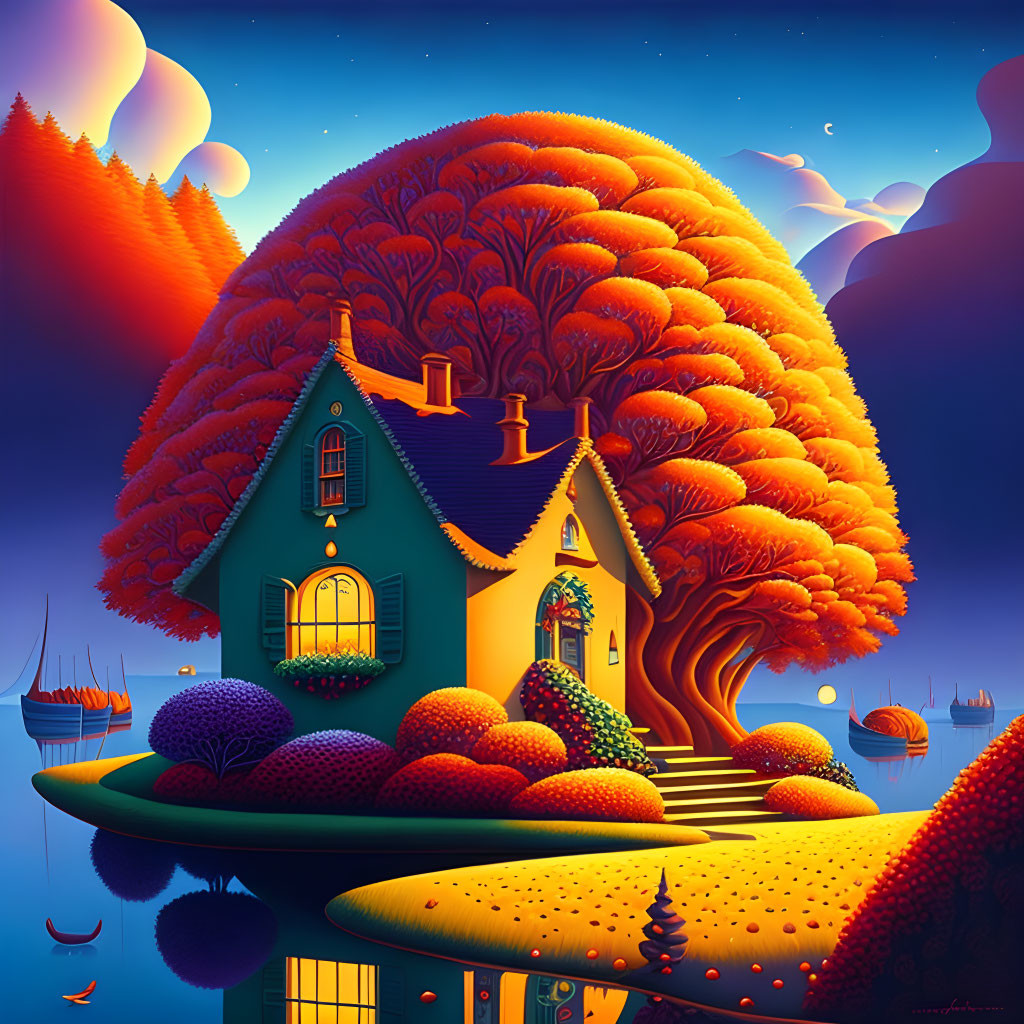 Colorful whimsical illustration of blue house under orange tree by lake