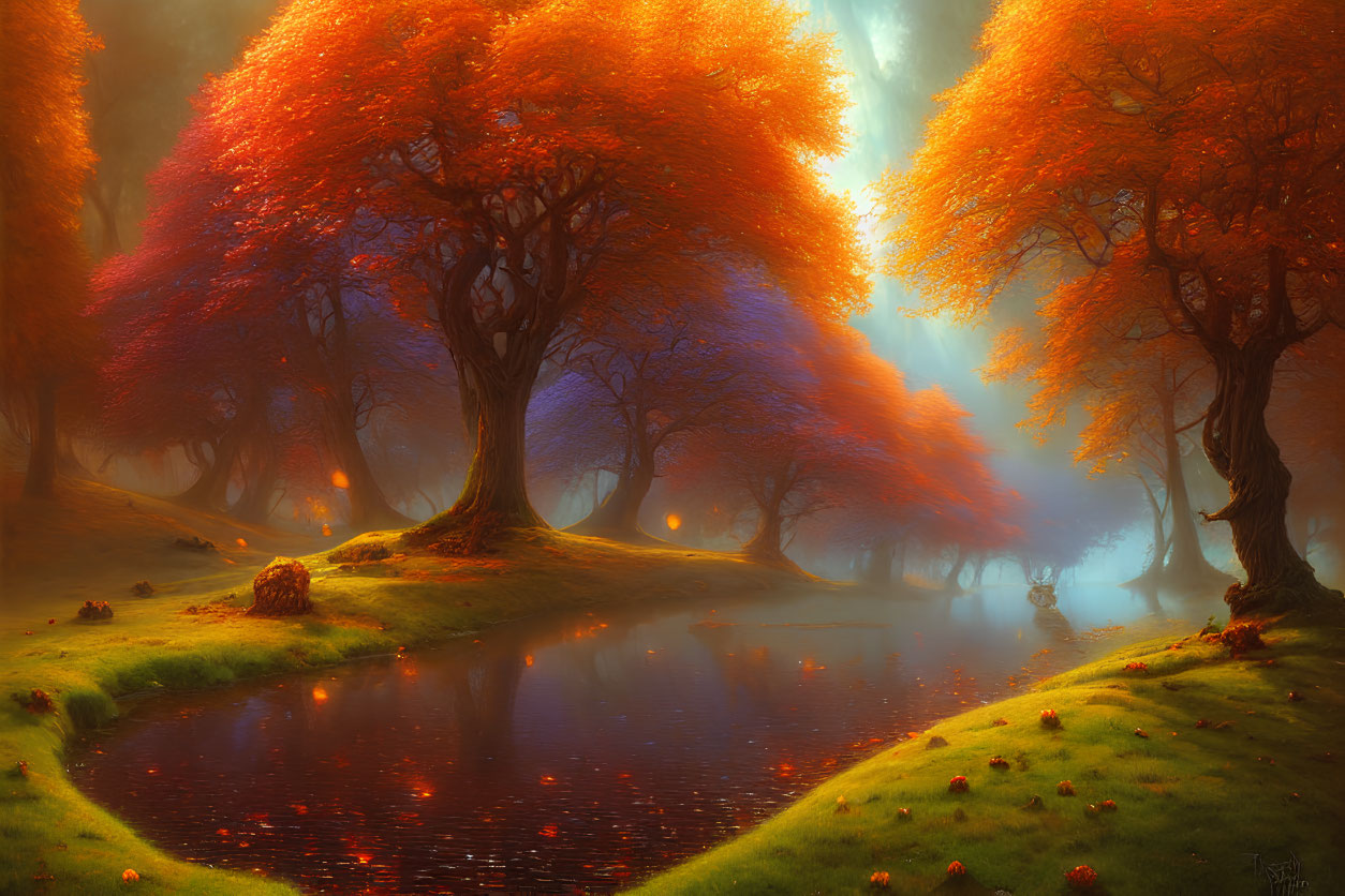 Tranquil Autumn Landscape with Vibrant Trees and Reflective Pond