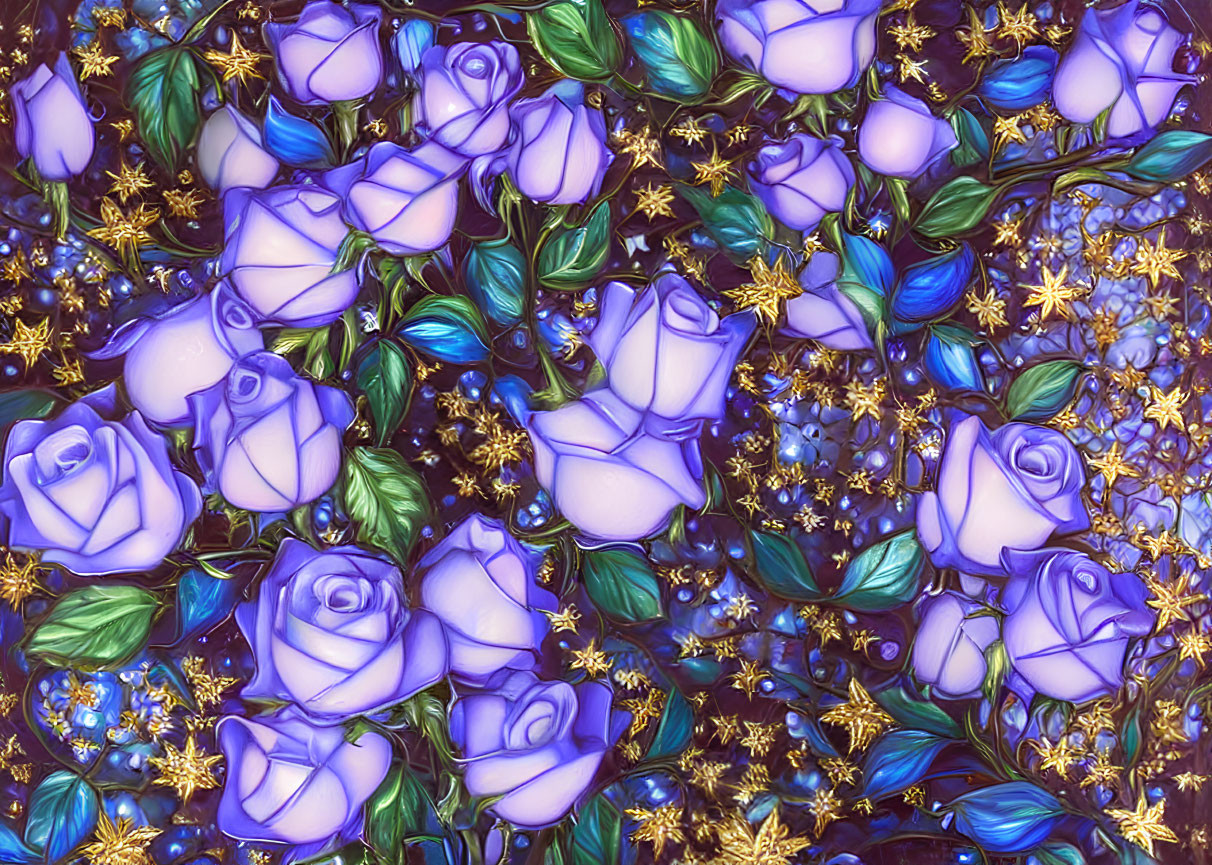 Colorful Floral Pattern with Purple Roses, Green Leaves, and Gold Stars on Deep Blue Background