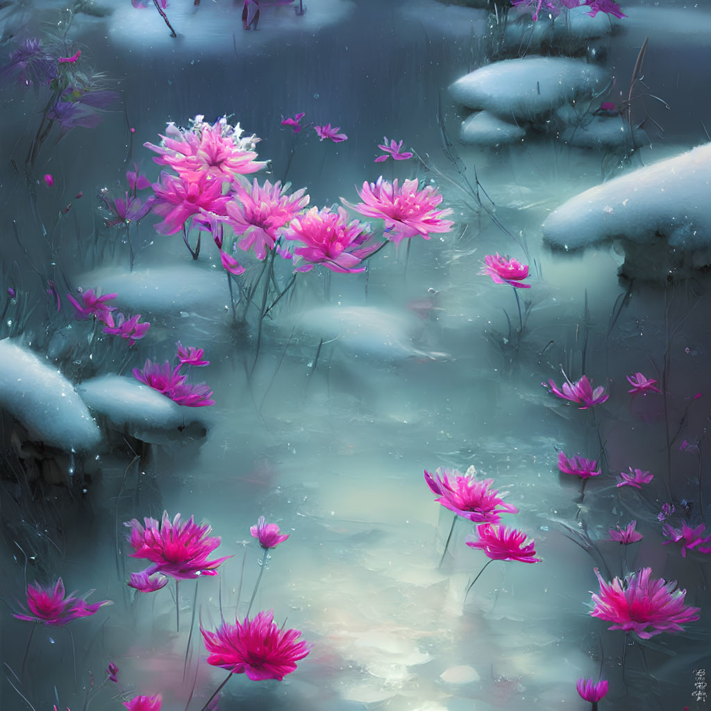 Pink flowers blooming over snowy ground with stones - serene winter scene