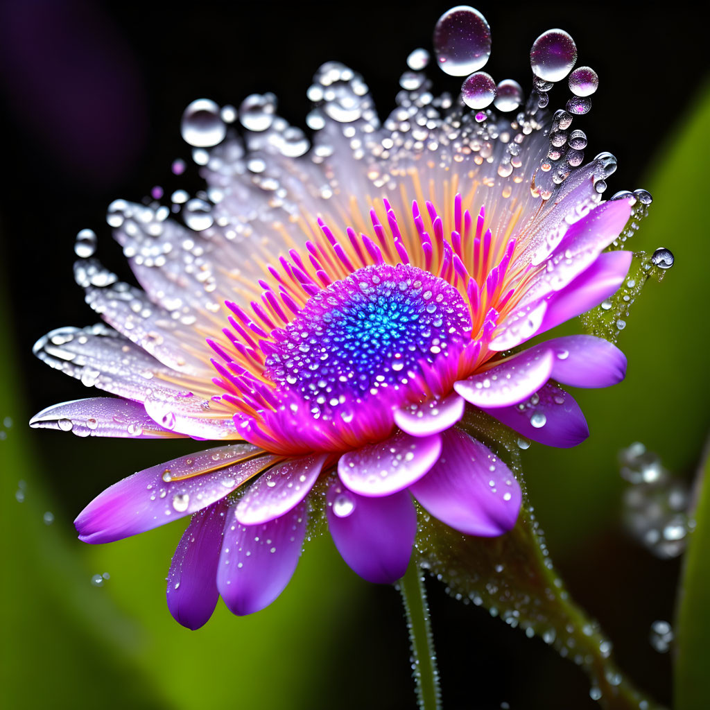 Vivid Pink and Blue Flower Covered in Dewdrops on Dark Background