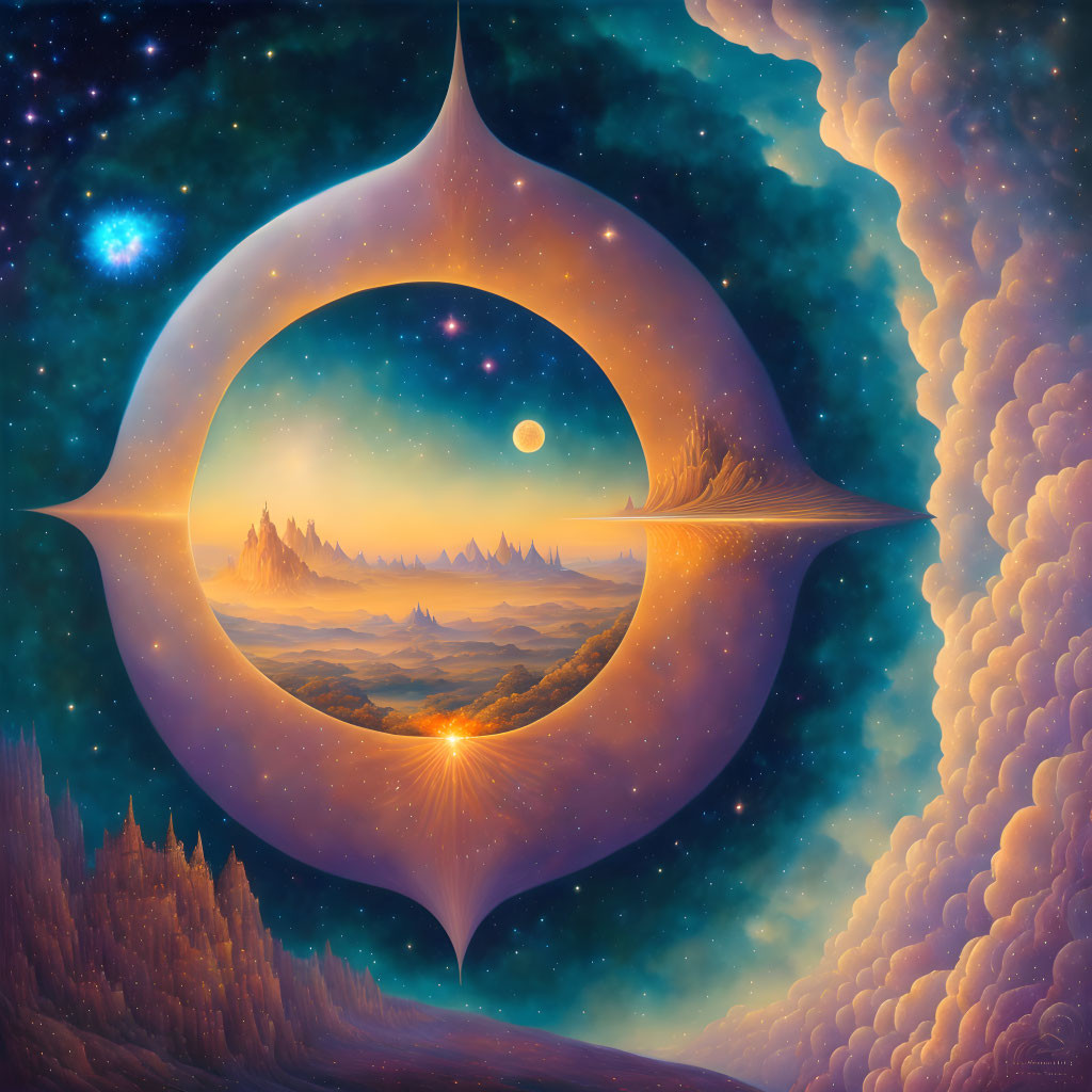 Surreal cosmic landscape with central eye-shaped portal and starry sky