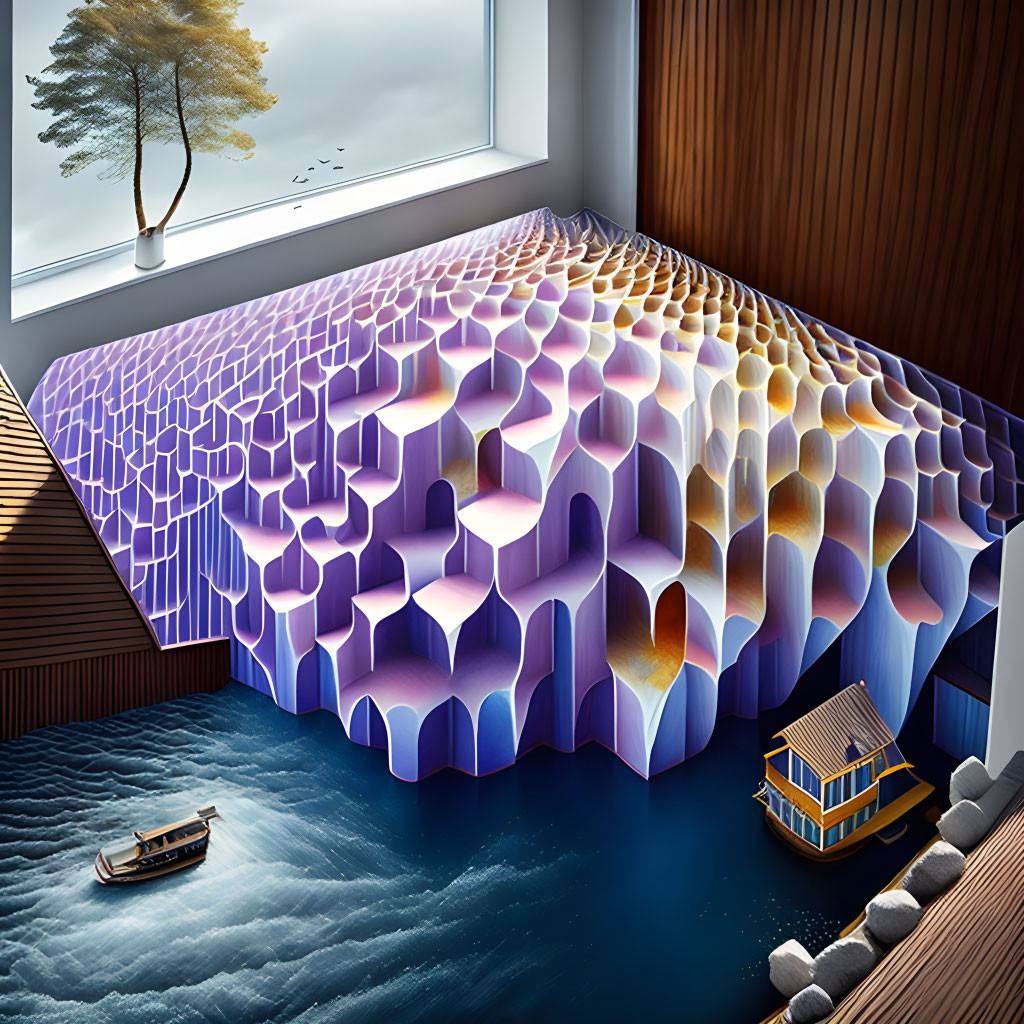 Surreal wooden room with purple hexagonal floor near water boat