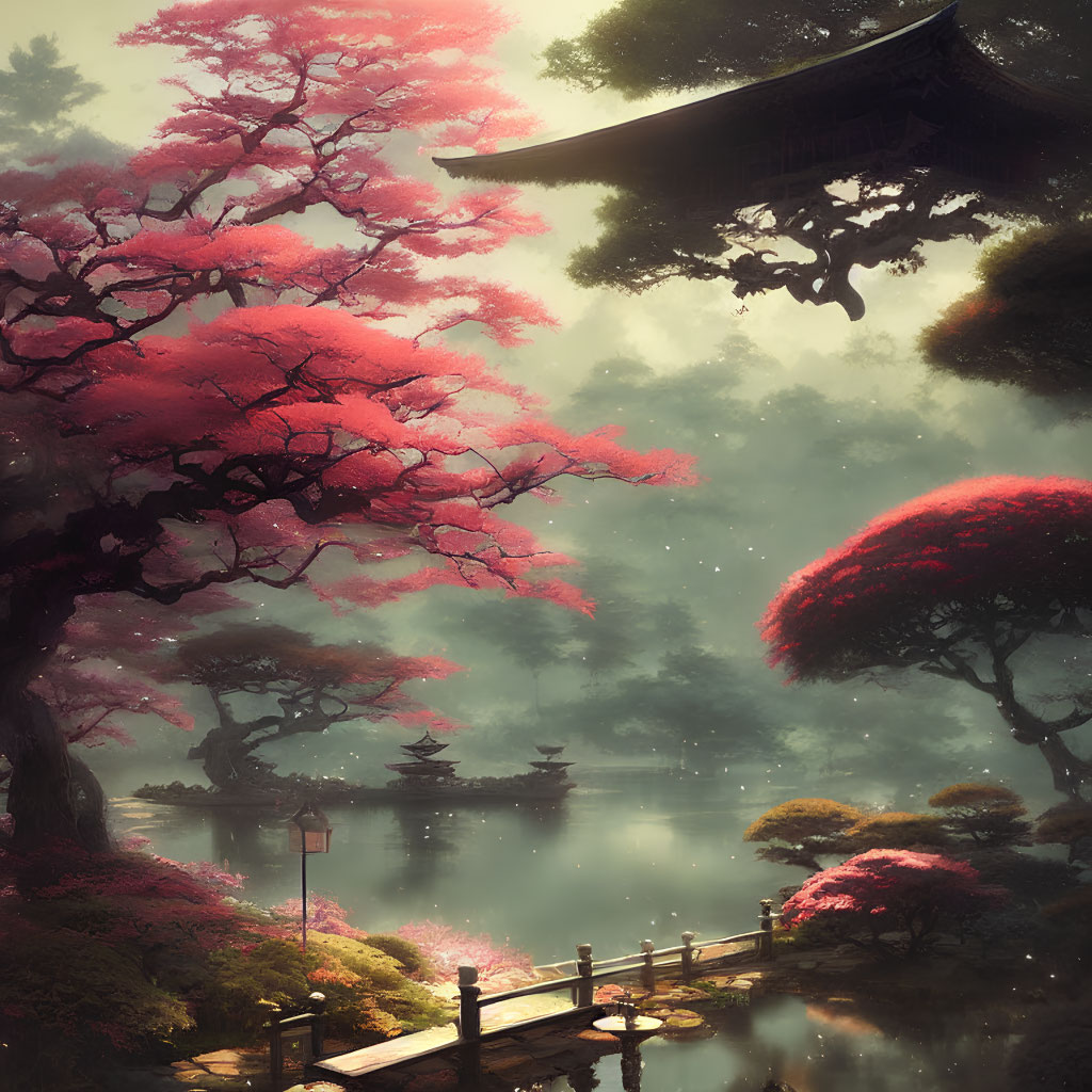 Tranquil Cherry Blossom Pagoda by Still Pond