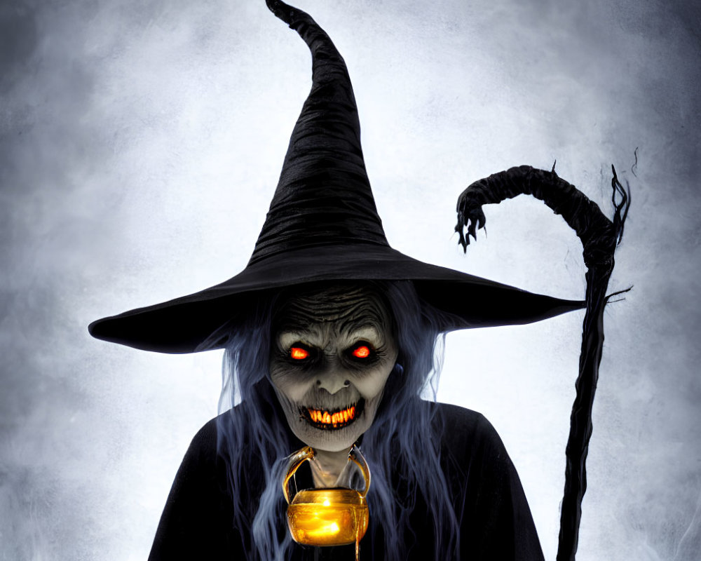 Sinister witch with red eyes, potion, hat, broomstick in foggy backdrop