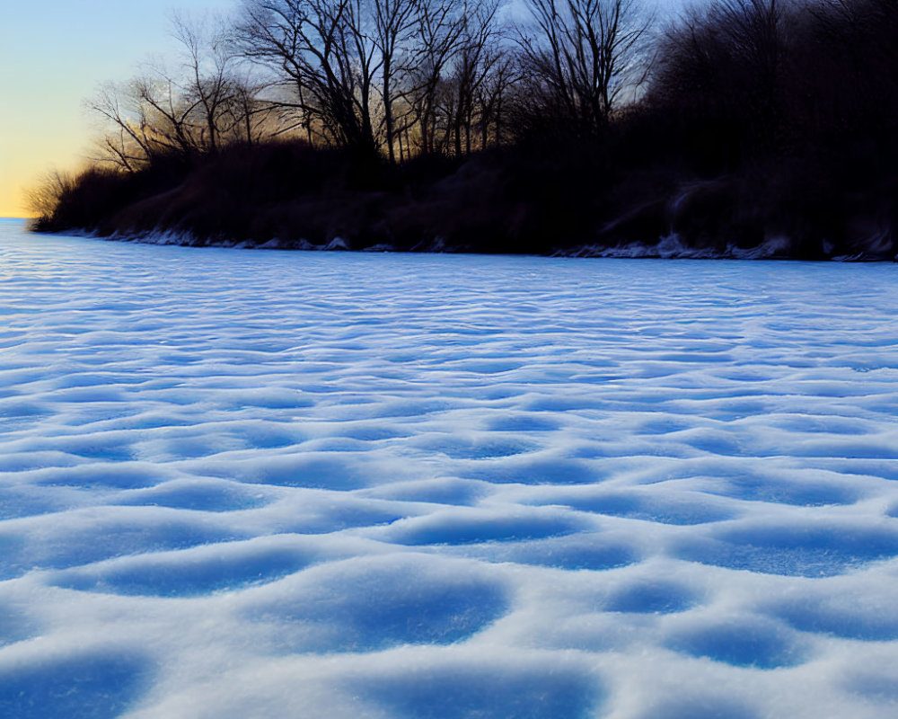 Snowy Dusk Landscape with Undulating Snow Drifts and Leafless Trees