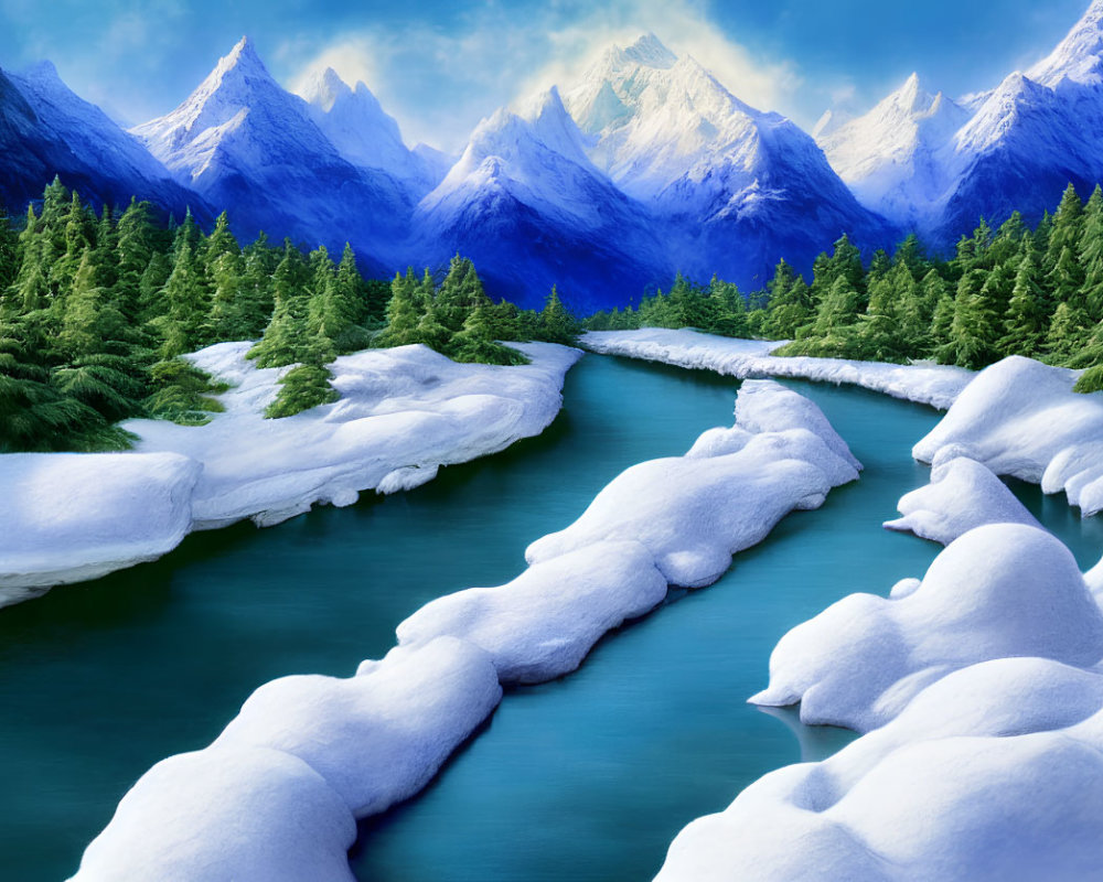 Snowy River Scene: Winter Landscape with Mountains