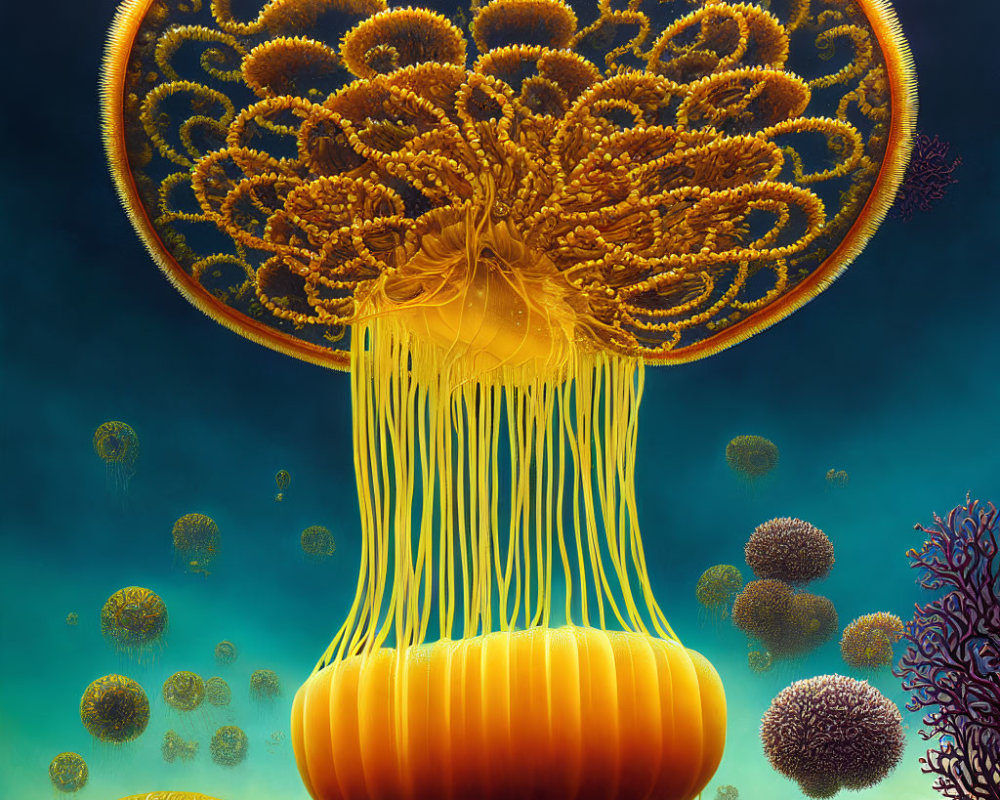 Vibrant Orange Jellyfish with Intricate Patterns in Blue Underwater Scene