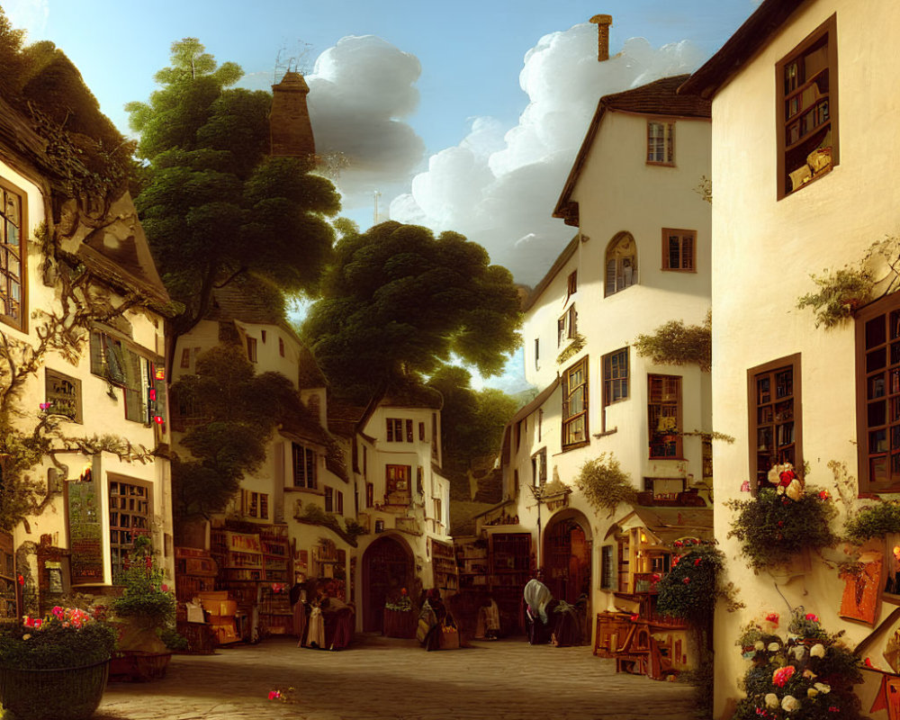 Village street with white buildings, bookshelves, people, trees, flowers under bright sky