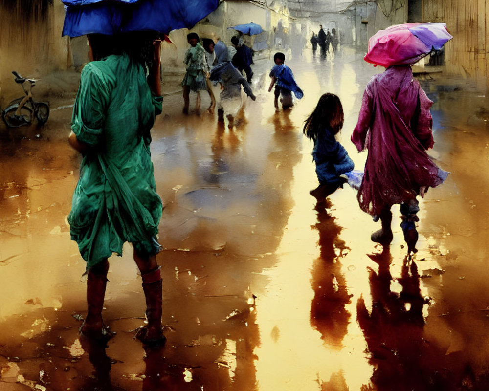 People with umbrellas walk on wet, reflective street in rundown area with children playing under gloomy sky