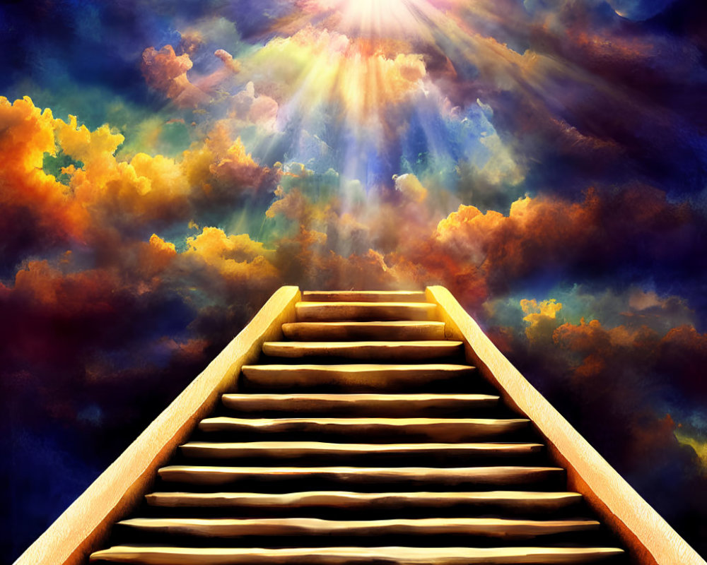 Wooden staircase under radiant sun and colorful sky