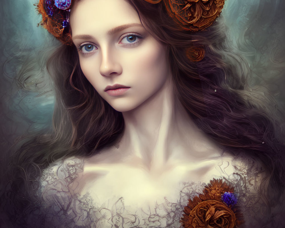 Digital art portrait of woman with blue eyes in floral crown and wavy hair