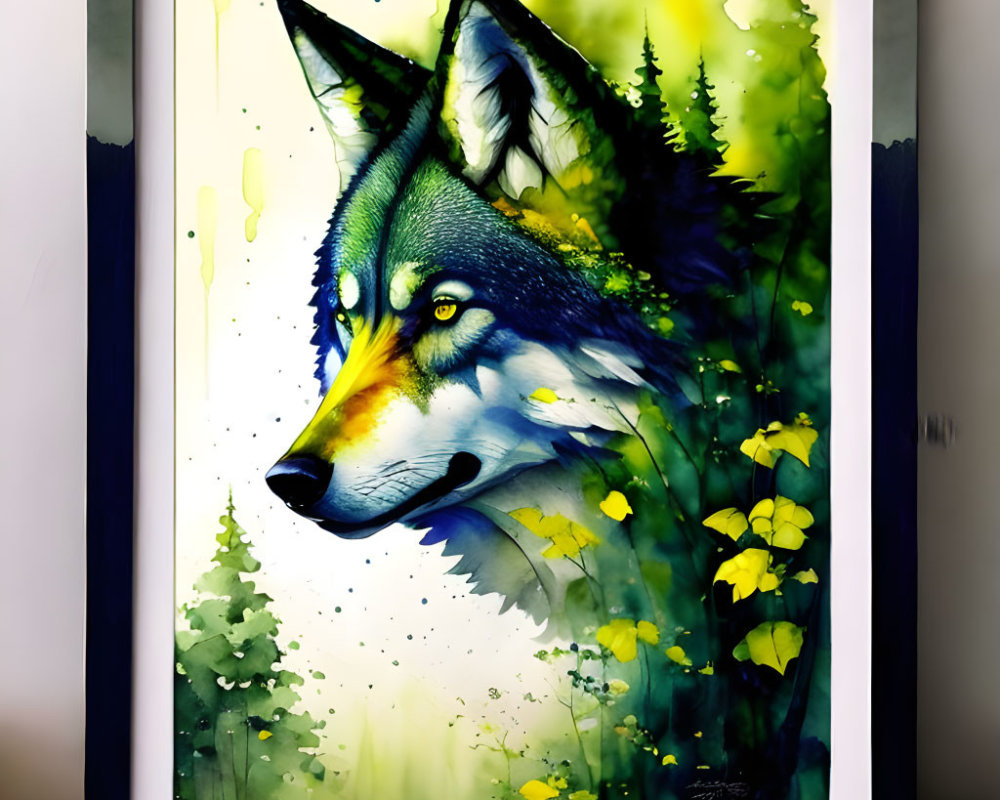 Colorful Wolf Profile Artwork with Forest and Flowers Displayed on Wall