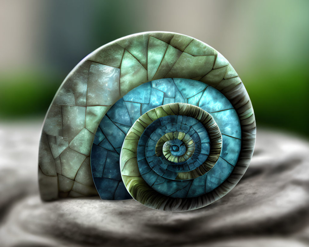 Nautilus Shell Digital Artwork with Blue and Green Spiral Design