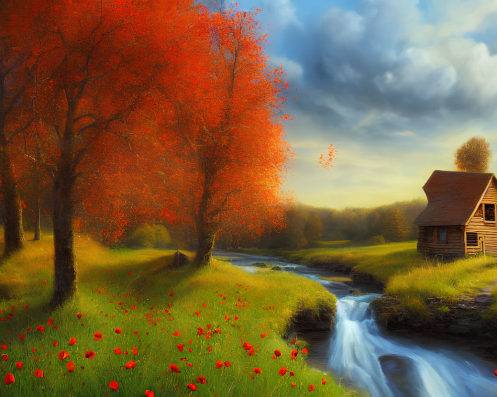 Autumn wooden cabin by stream with red foliage and poppies
