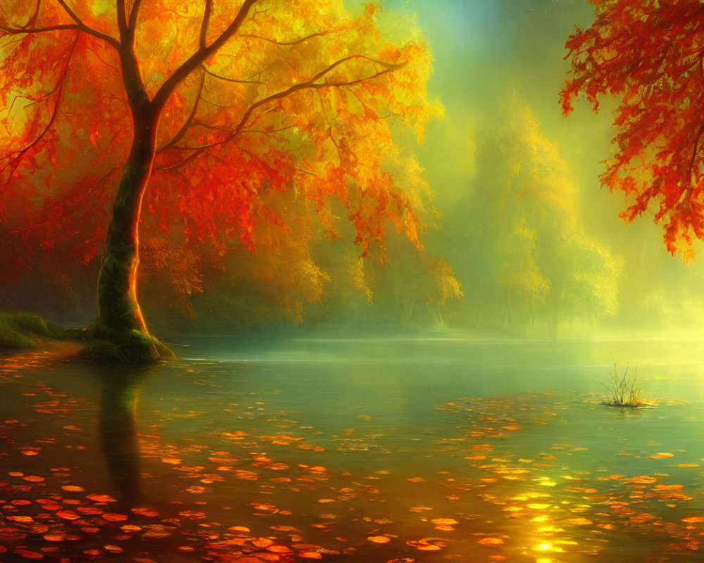 Tranquil autumn landscape with vibrant foliage and misty lake