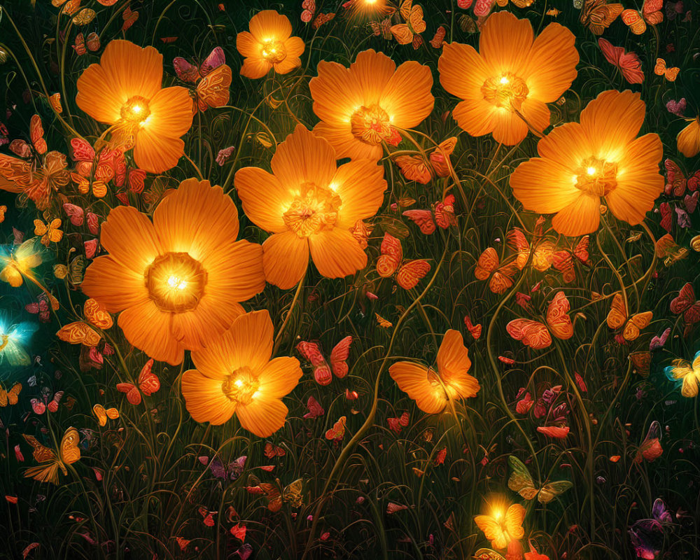 Colorful Flowers with Butterflies and Fireflies on Dark Background