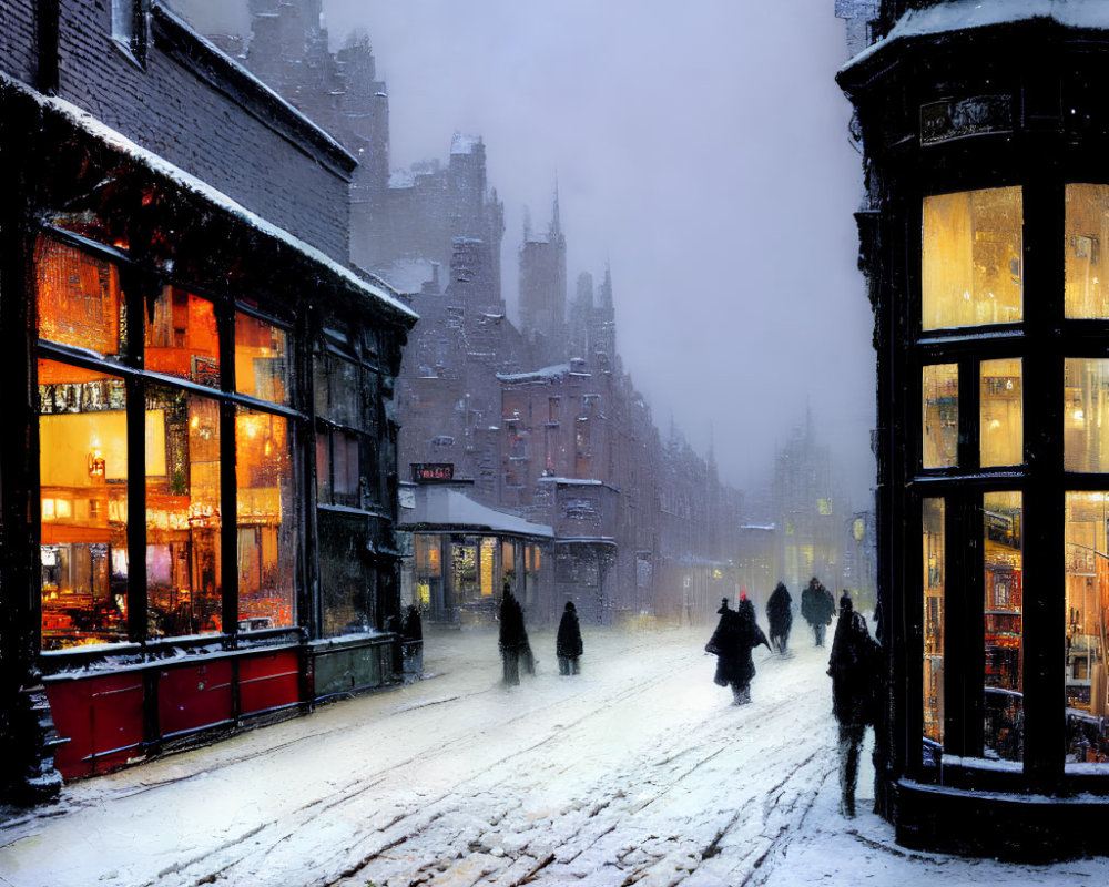 Snowy City Street Scene with Warmly Lit Shop Windows and Silhouettes