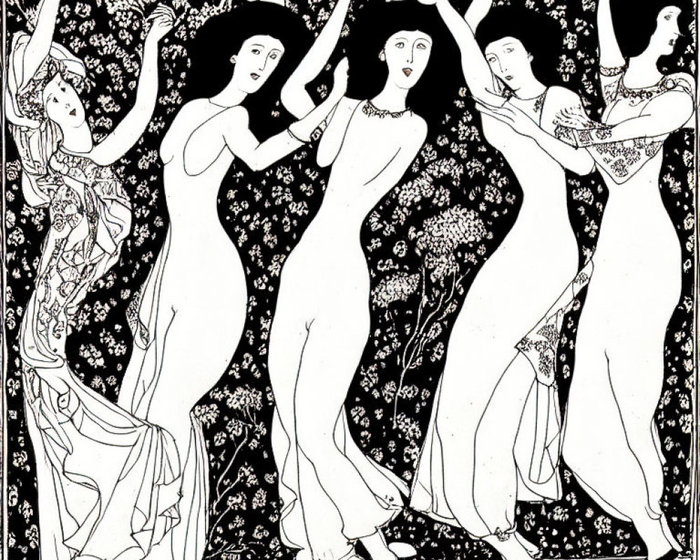 Stylized black and white illustration of five dancing women in Art Nouveau style