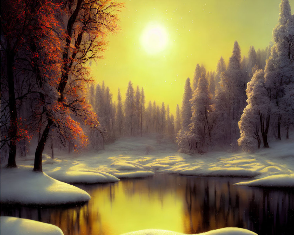 Golden sunset over snowy landscape with calm river and snow-covered trees.