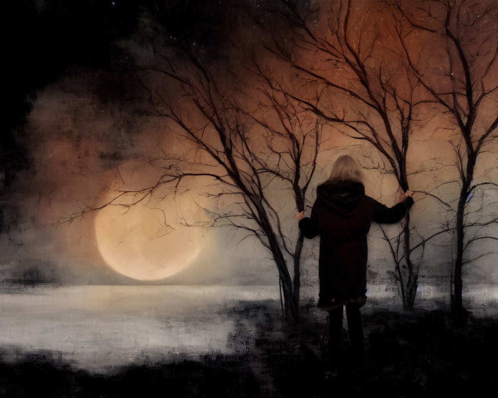 Person in Red Coat Standing by Large Moon and Water in Moody Landscape