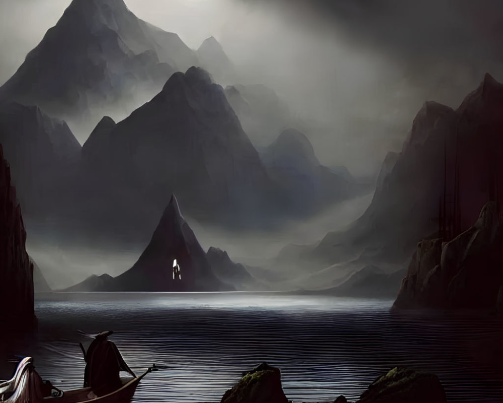 Misty landscape with shadowy mountains, serene lake, boat, draped figure, lone person on peak