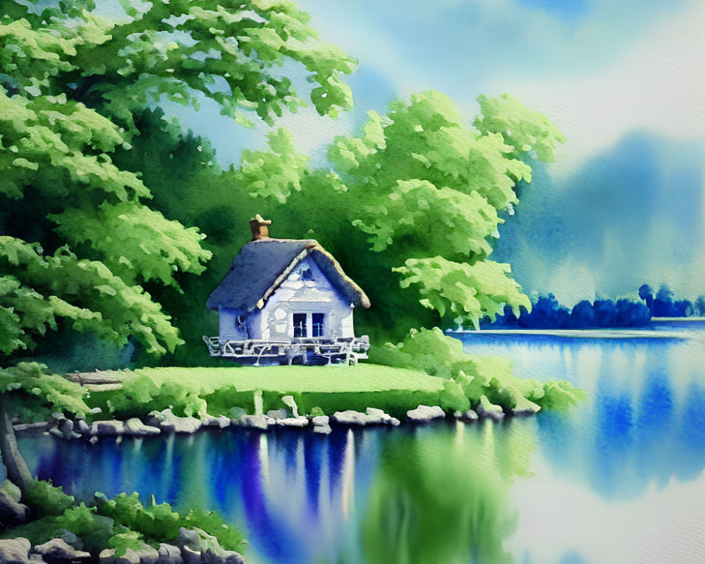 Tranquil watercolor painting of lakeside cottage surrounded by greenery