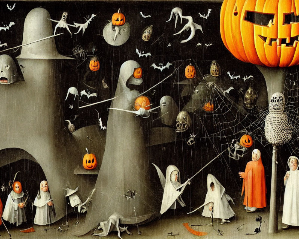 Halloween-themed reinterpretation of Bosch's painting with costume-clad figures