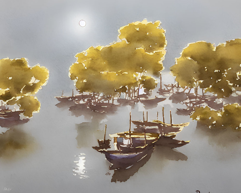 Boats moored under golden-lit trees in calm water with sun or moon overhead