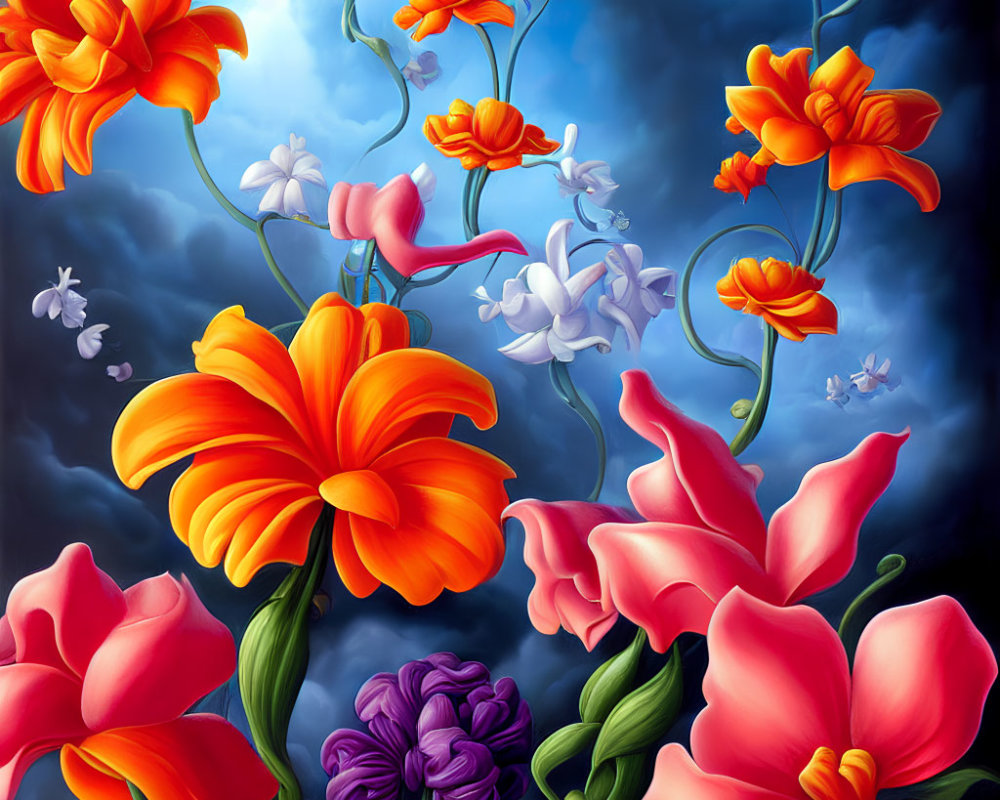 Colorful flower painting with orange, pink, and purple blooms against a blue sky