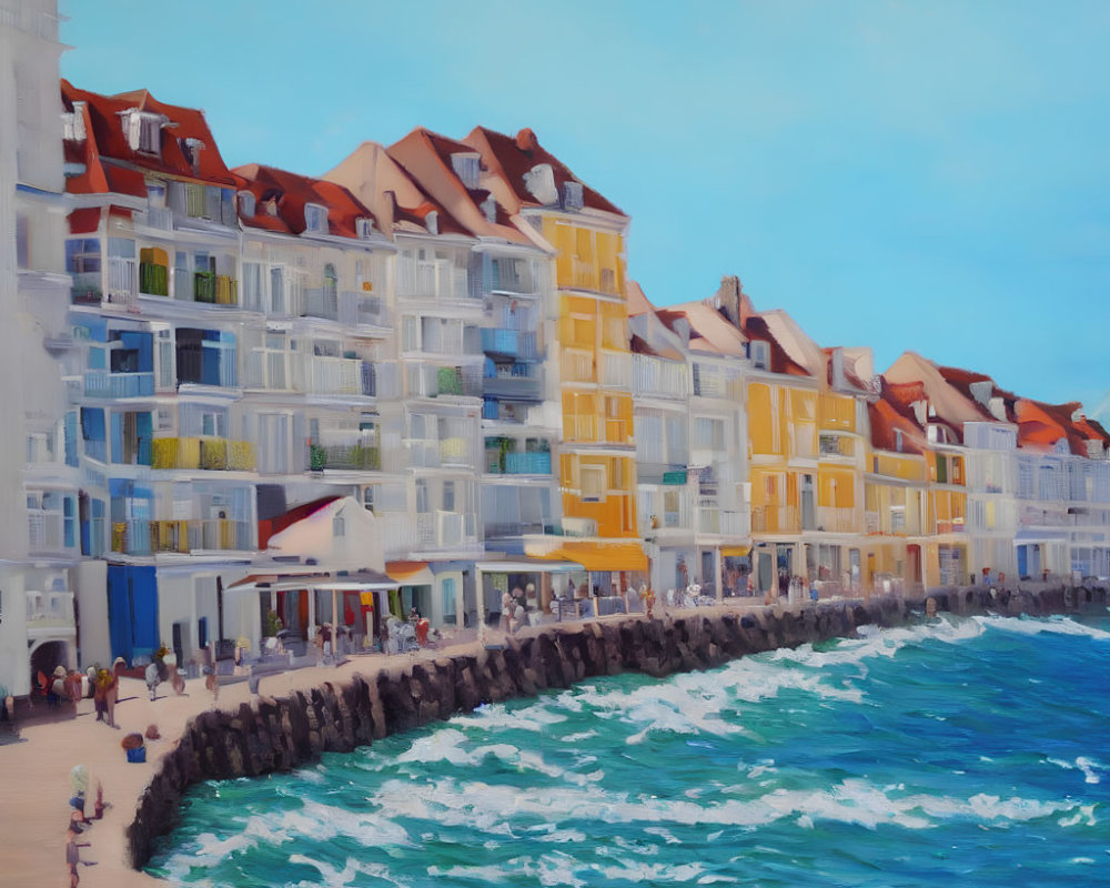 Vibrant beachfront scene with colorful buildings, people on promenade, and crashing waves