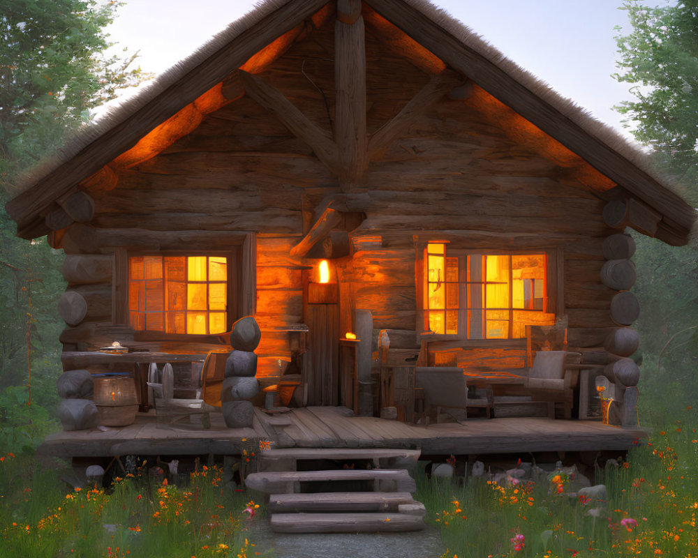 Rustic log cabin at dusk with warm light and lush surroundings