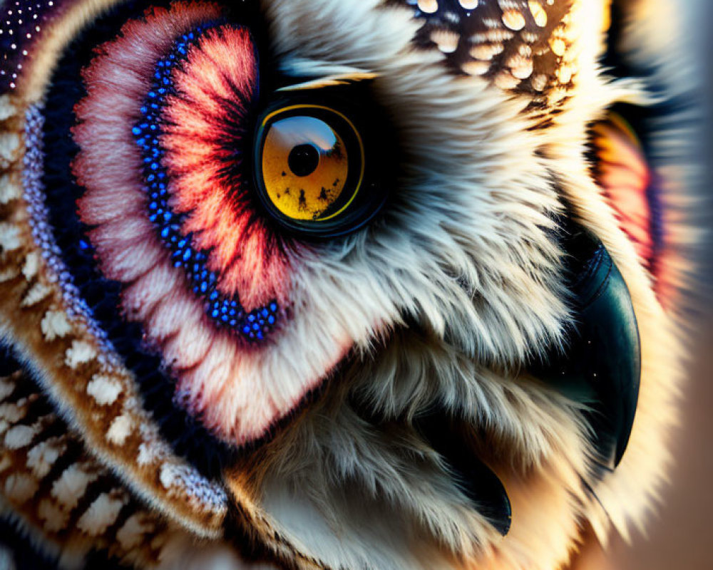 Colorful owl with intricate plumage and yellow eye close-up.