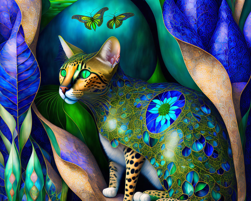 Colorful Stylized Cat Art Among Fantasy Foliage and Orbs