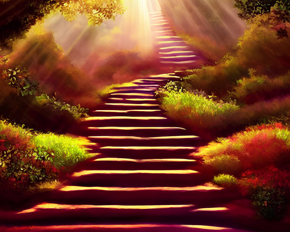 Enchanted forest scene with sunlit path and colorful flora