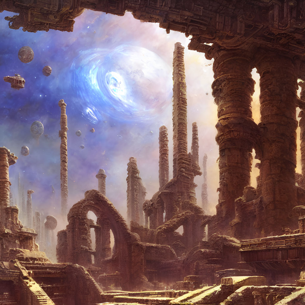 Majestic ancient city ruins under starry sky with floating rocks