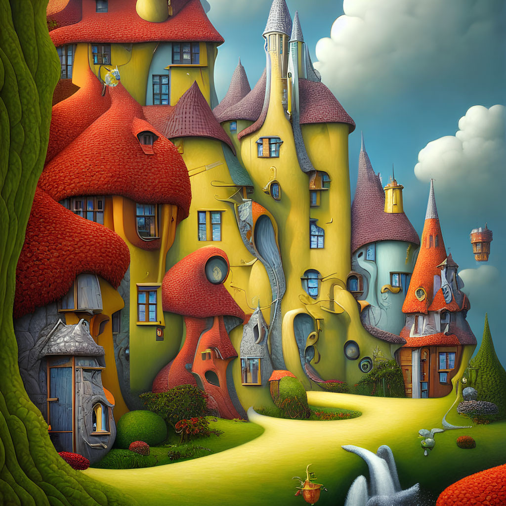 Colorful mushroom houses in surreal village landscape