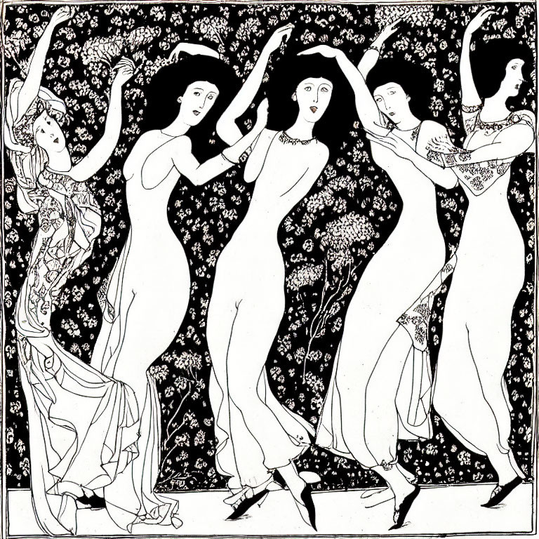 Stylized black and white illustration of five dancing women in Art Nouveau style