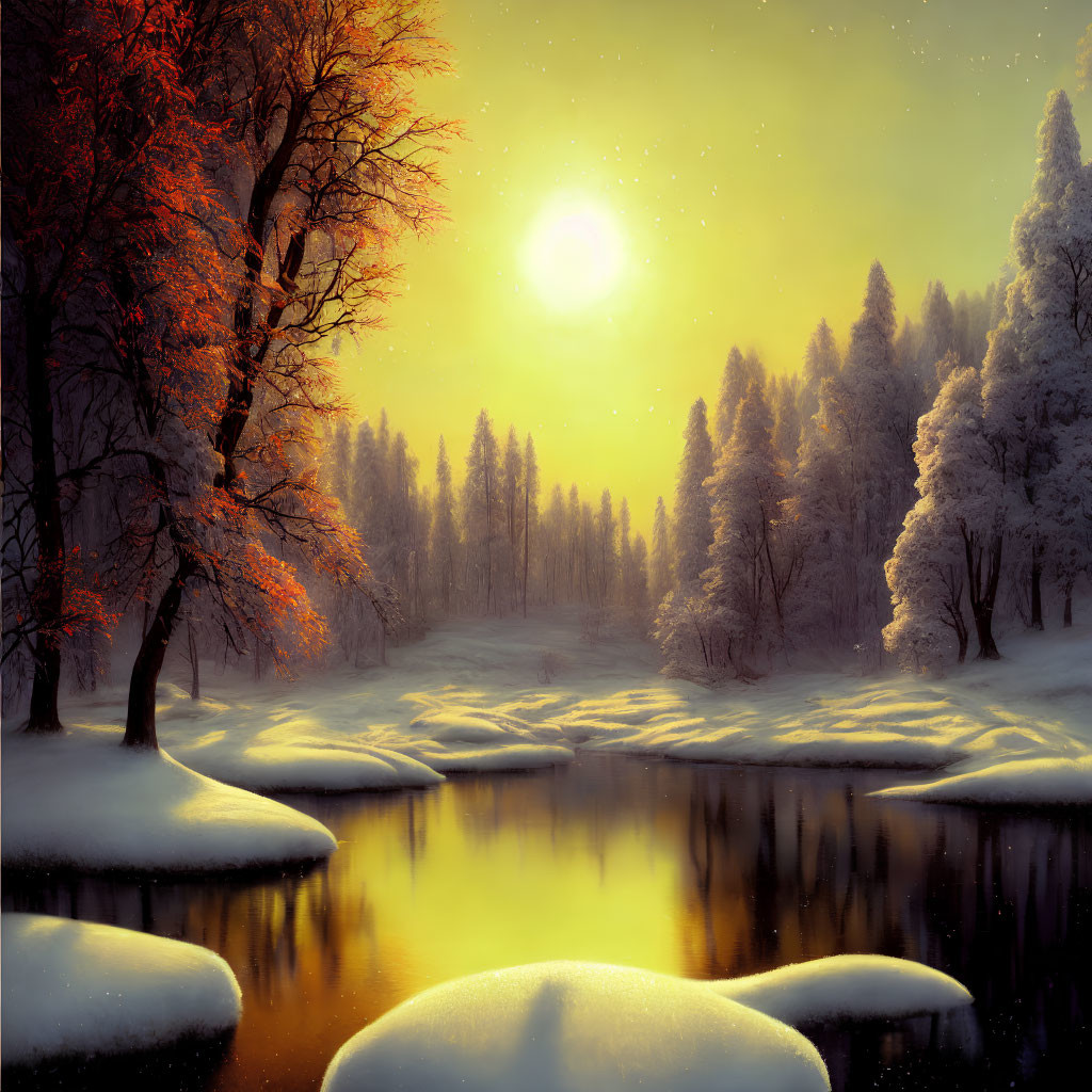 Golden sunset over snowy landscape with calm river and snow-covered trees.