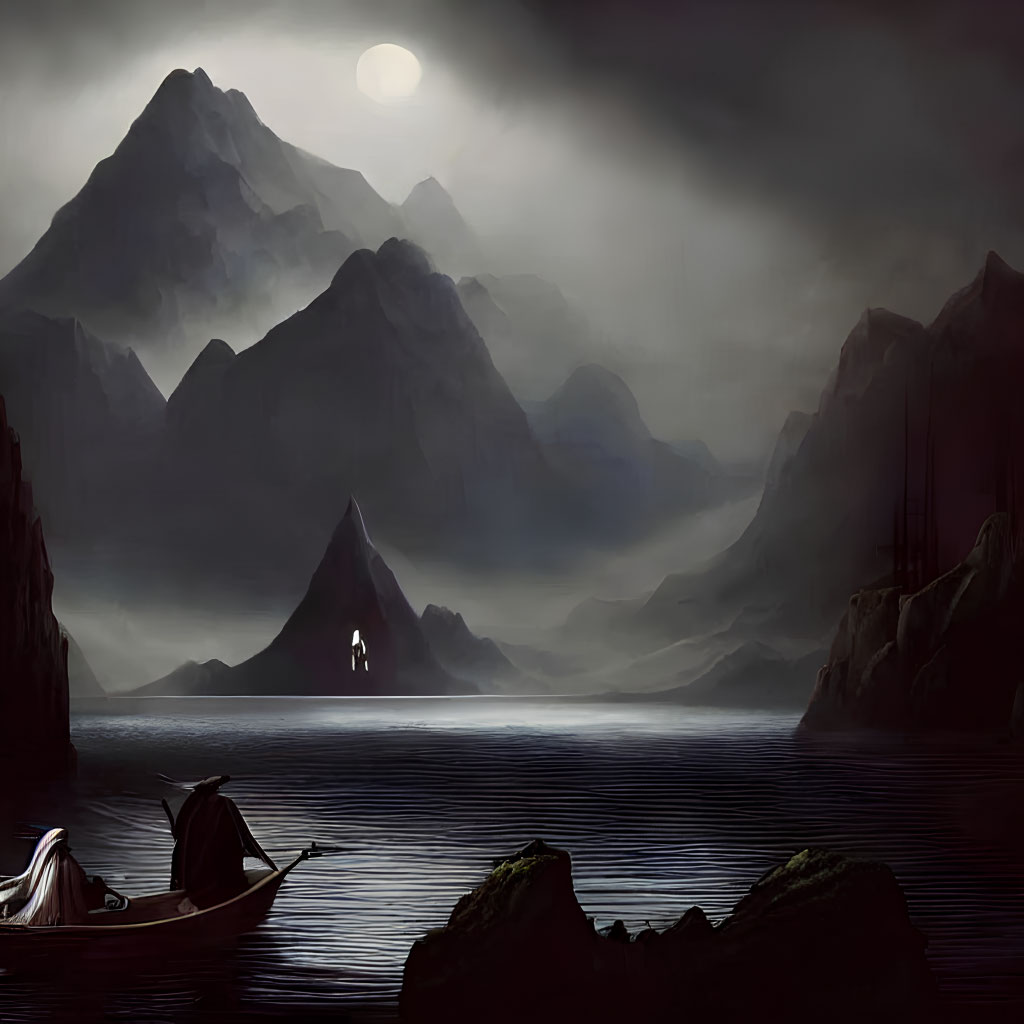 Misty landscape with shadowy mountains, serene lake, boat, draped figure, lone person on peak