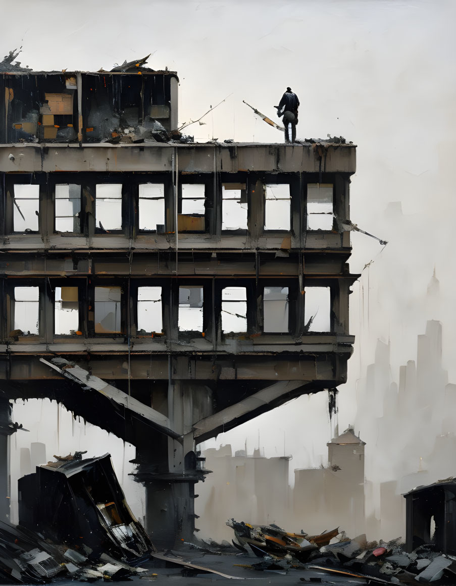 Solitary figure on ruins gazes at desolate landscape