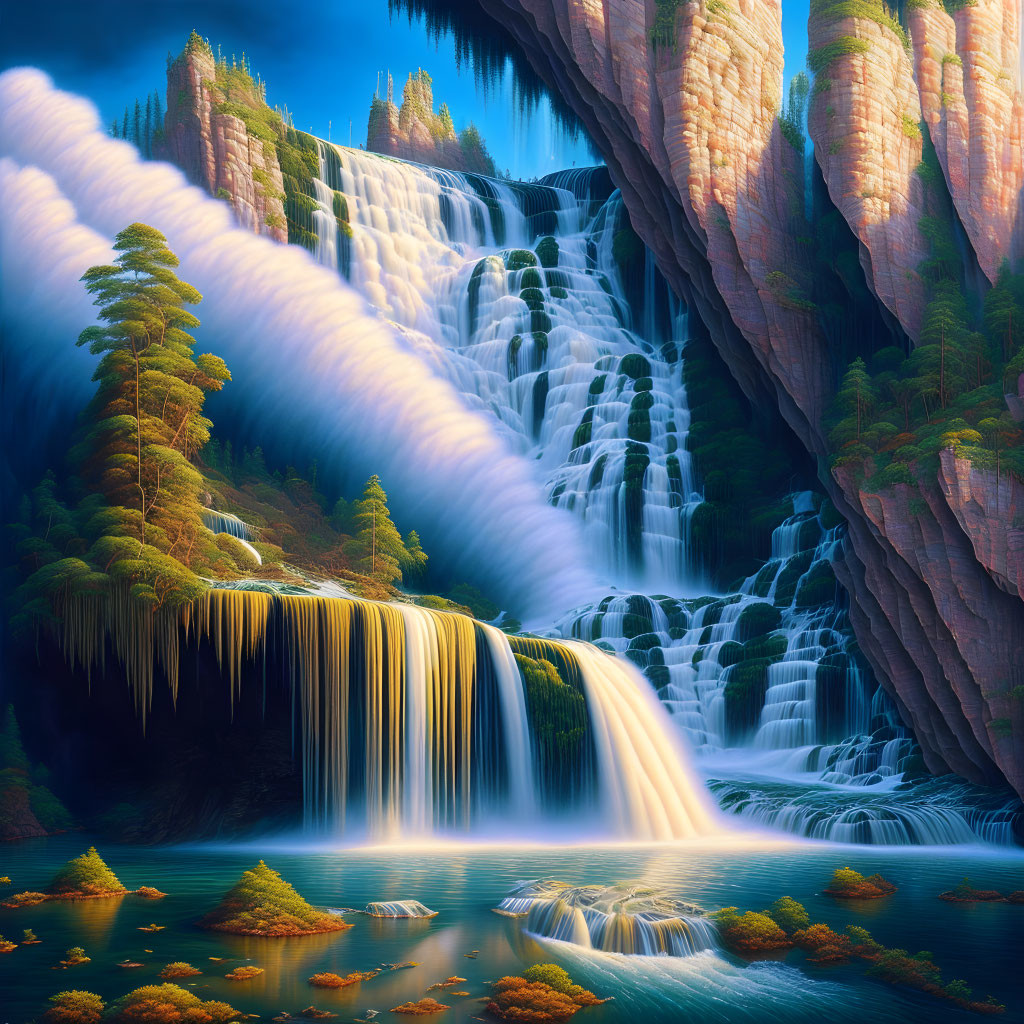 Fantasy digital artwork: Vibrant waterfall cascade in lush setting