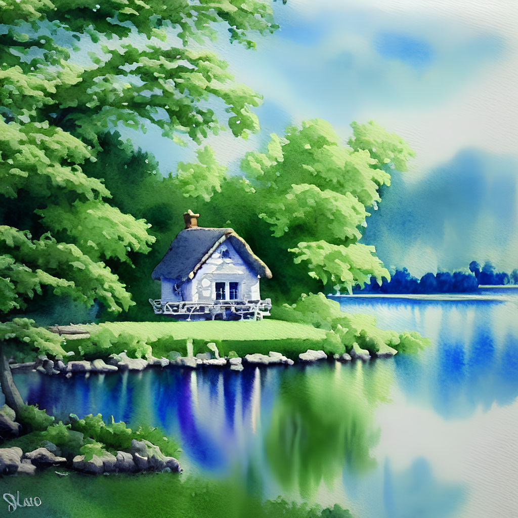 Tranquil watercolor painting of lakeside cottage surrounded by greenery