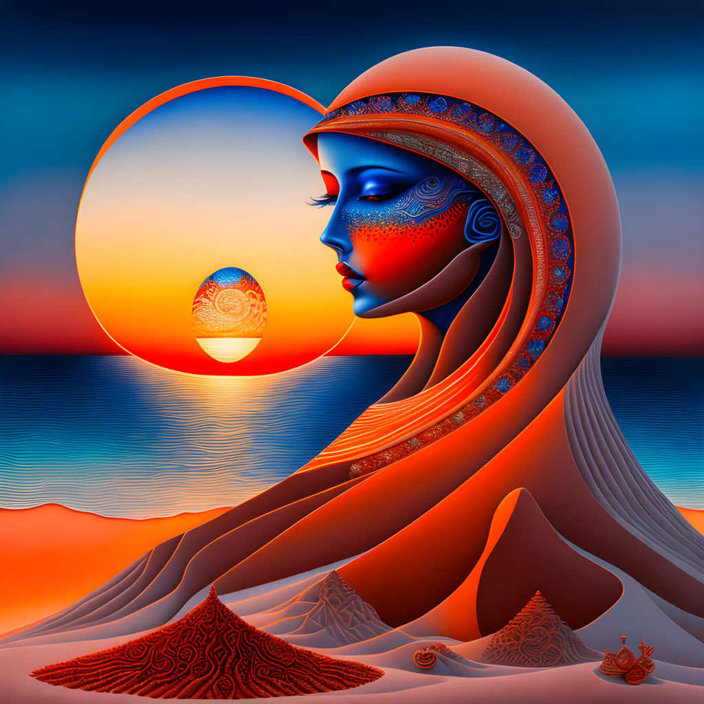 Vibrant Woman Profile Art Against Surreal Sunset