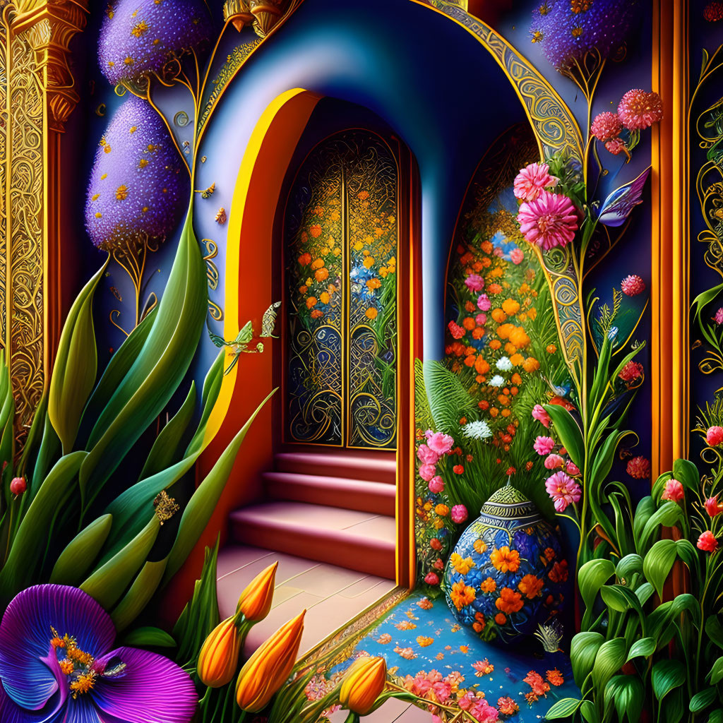 Colorful Illustration of Fantastical Doorway with Flowers and Dragonfly